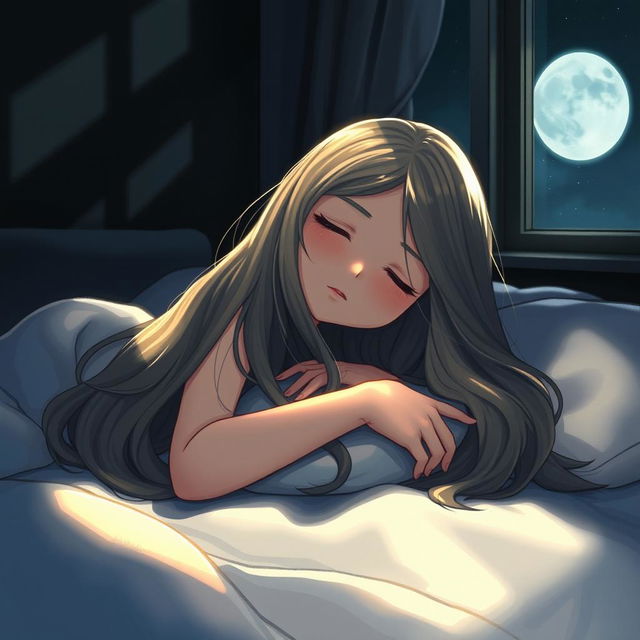 A girl with long flowing hair, gently illuminated by soft moonlight coming through a window, lying peacefully on a bed in a dark room