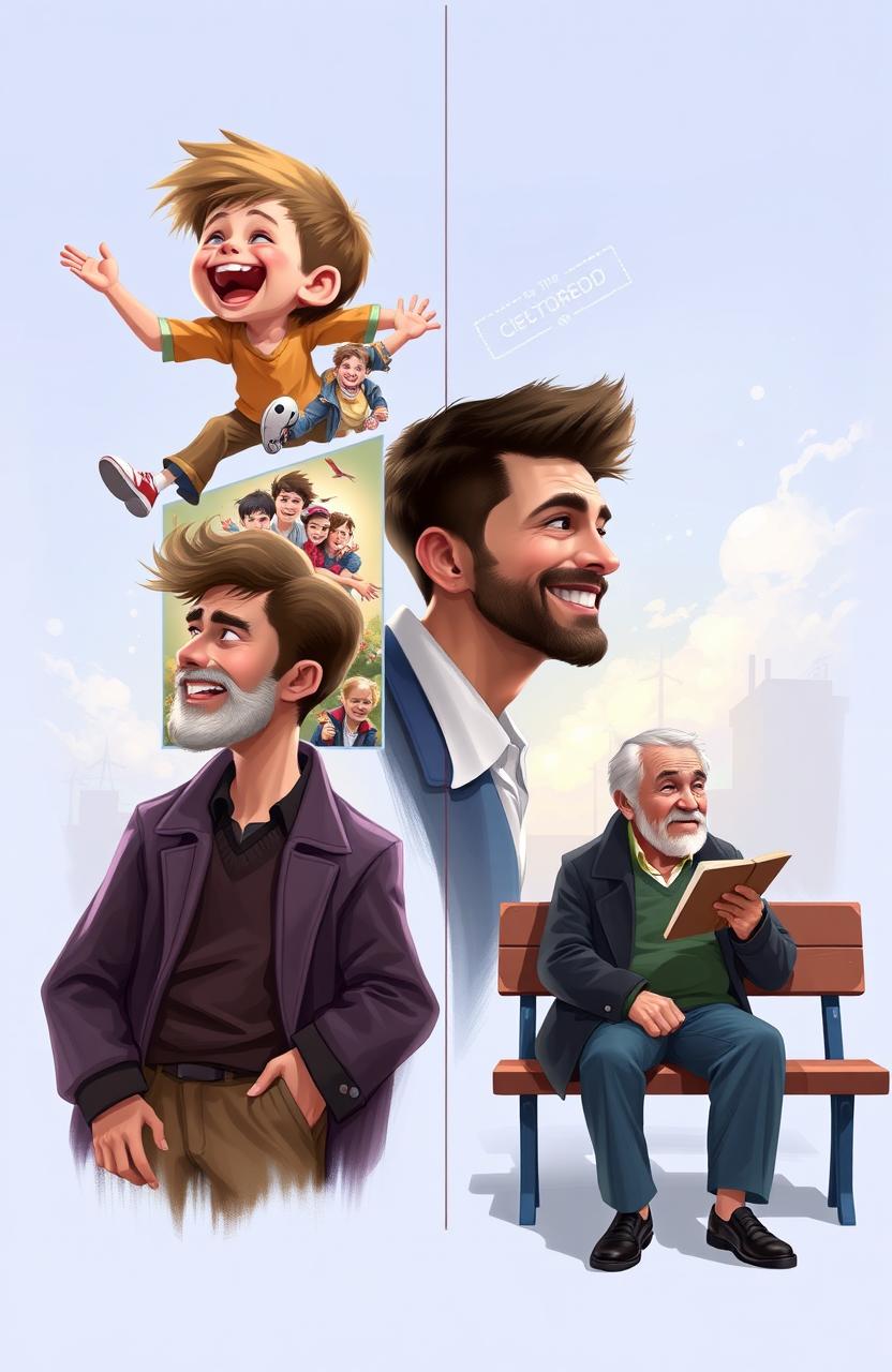 A digital painting showcasing a man at different phases of his life, including childhood, adolescence, young adulthood, middle-aged, and elderly stages