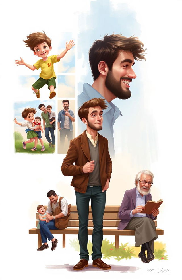 A digital painting showcasing a man at different phases of his life, including childhood, adolescence, young adulthood, middle-aged, and elderly stages