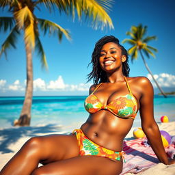 A beautiful busty Black woman wearing a vibrant bikini, sunbathing on a tropical beach with golden sand and turquoise water
