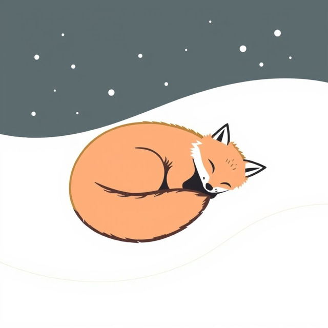 A minimalist vector illustration of a sleeping fox curled up in a blanket of snow