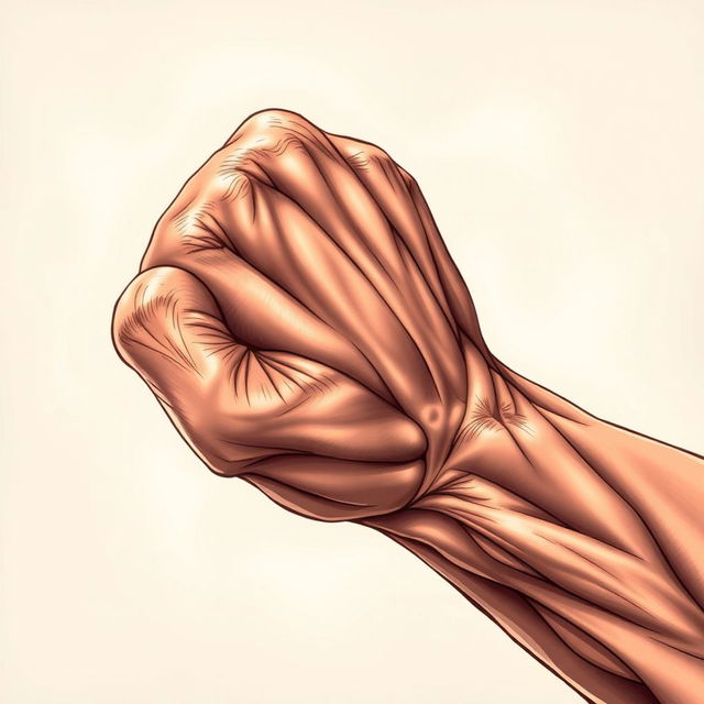 A highly detailed illustration of a muscular hand with prominent veins, showcasing the strength and definition of the muscles