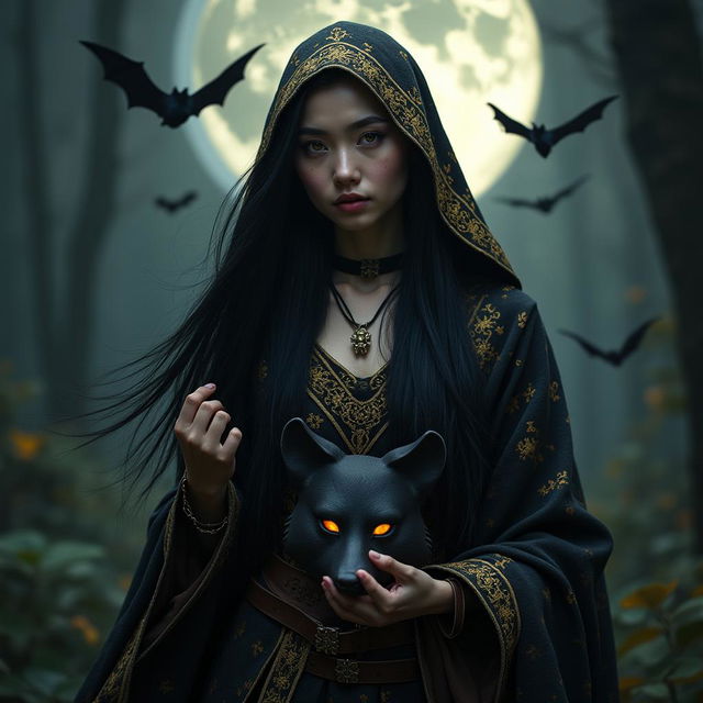 A fantasy-inspired full-body portrait of a mysterious woman with long flowing black hair and golden eyes, dressed in an intricate black and gold hooded cloak adorned with ornate patterns