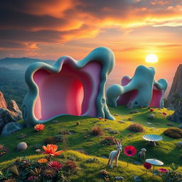 A fantastical landscape featuring gravity-defying walls that appear to float above a lush, green terrain