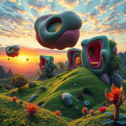 A fantastical landscape featuring gravity-defying walls that appear to float above a lush, green terrain