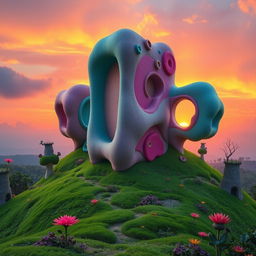 A fantastical landscape featuring gravity-defying walls that appear to float above a lush, green terrain