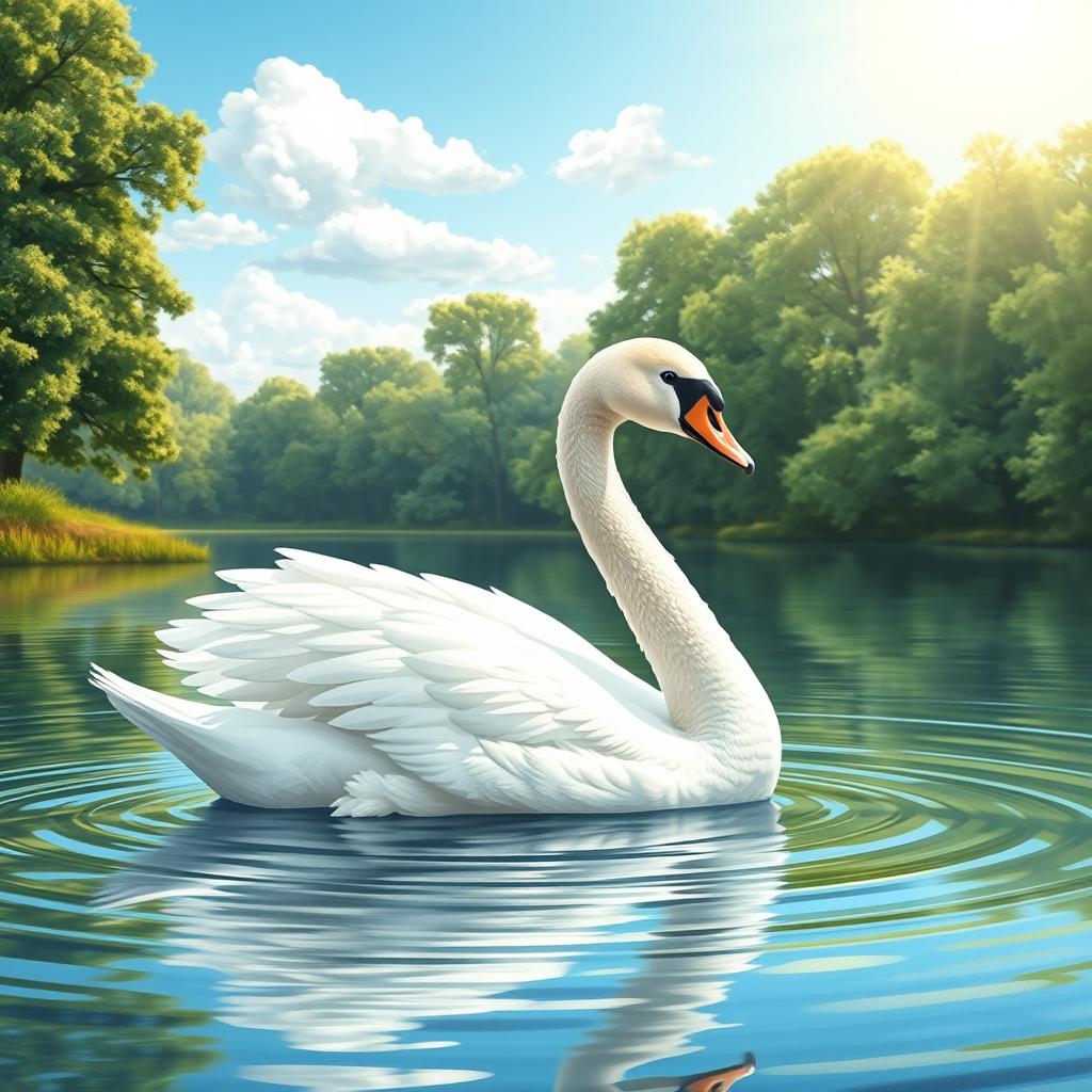 A finely detailed illustration of a graceful swan gliding across a serene lake, surrounded by lush green trees and soft ripples in the water