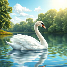 A finely detailed illustration of a graceful swan gliding across a serene lake, surrounded by lush green trees and soft ripples in the water