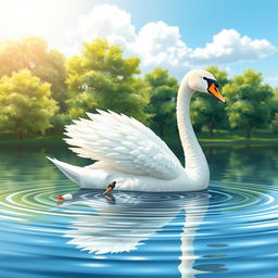 A finely detailed illustration of a graceful swan gliding across a serene lake, surrounded by lush green trees and soft ripples in the water