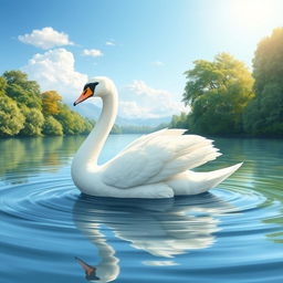 A finely detailed illustration of a graceful swan gliding across a serene lake, surrounded by lush green trees and soft ripples in the water