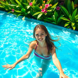 A beautiful girl swimming in a pool, showcasing her graceful movements in clear blue water