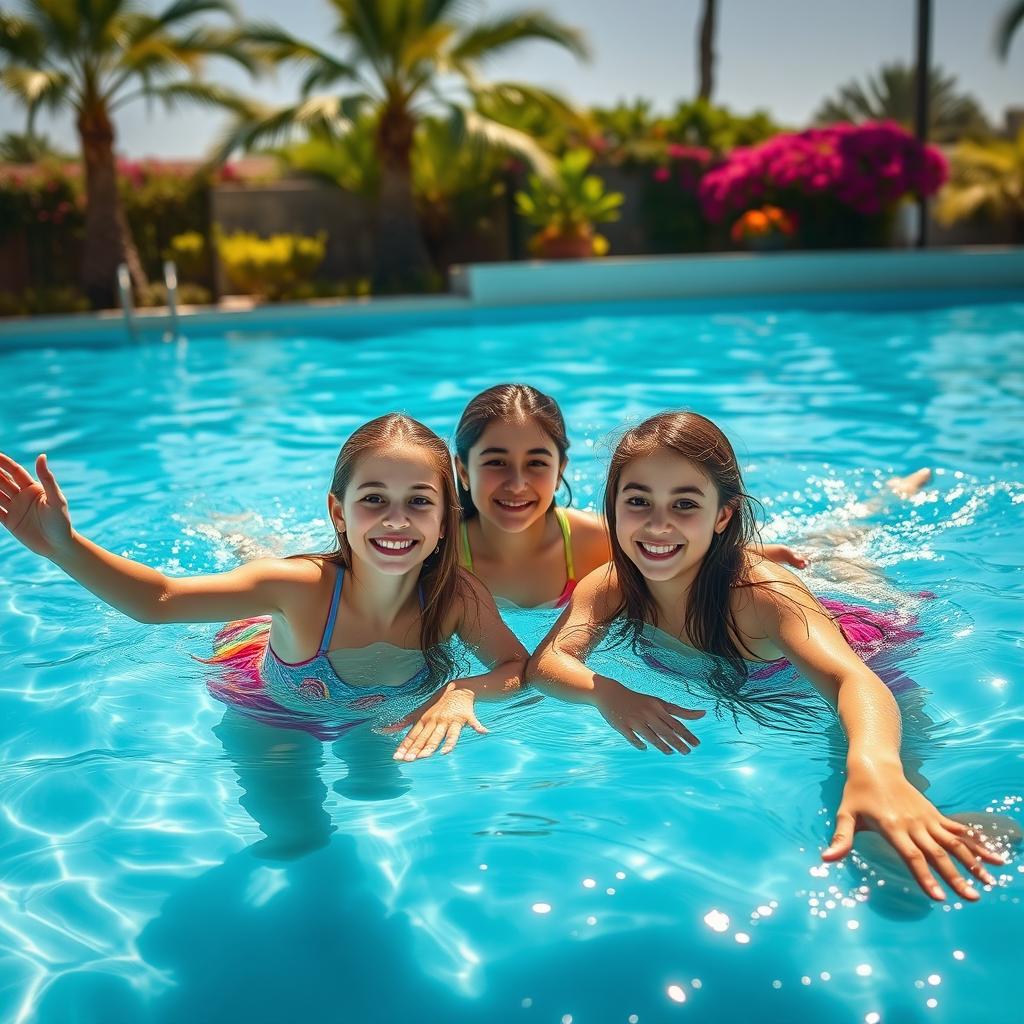 Beautiful Iranian girls swimming joyfully in a clear blue pool, showcasing their elegant swimming strokes