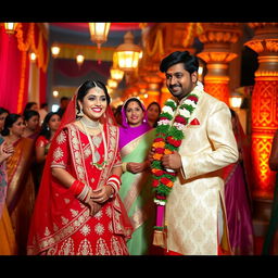 An elegant Indian wedding scene capturing the vibrant and festive atmosphere