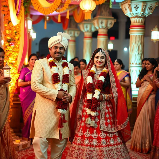 An elegant Indian wedding scene capturing the vibrant and festive atmosphere