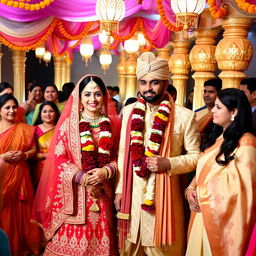 An elegant Indian wedding scene capturing the vibrant and festive atmosphere