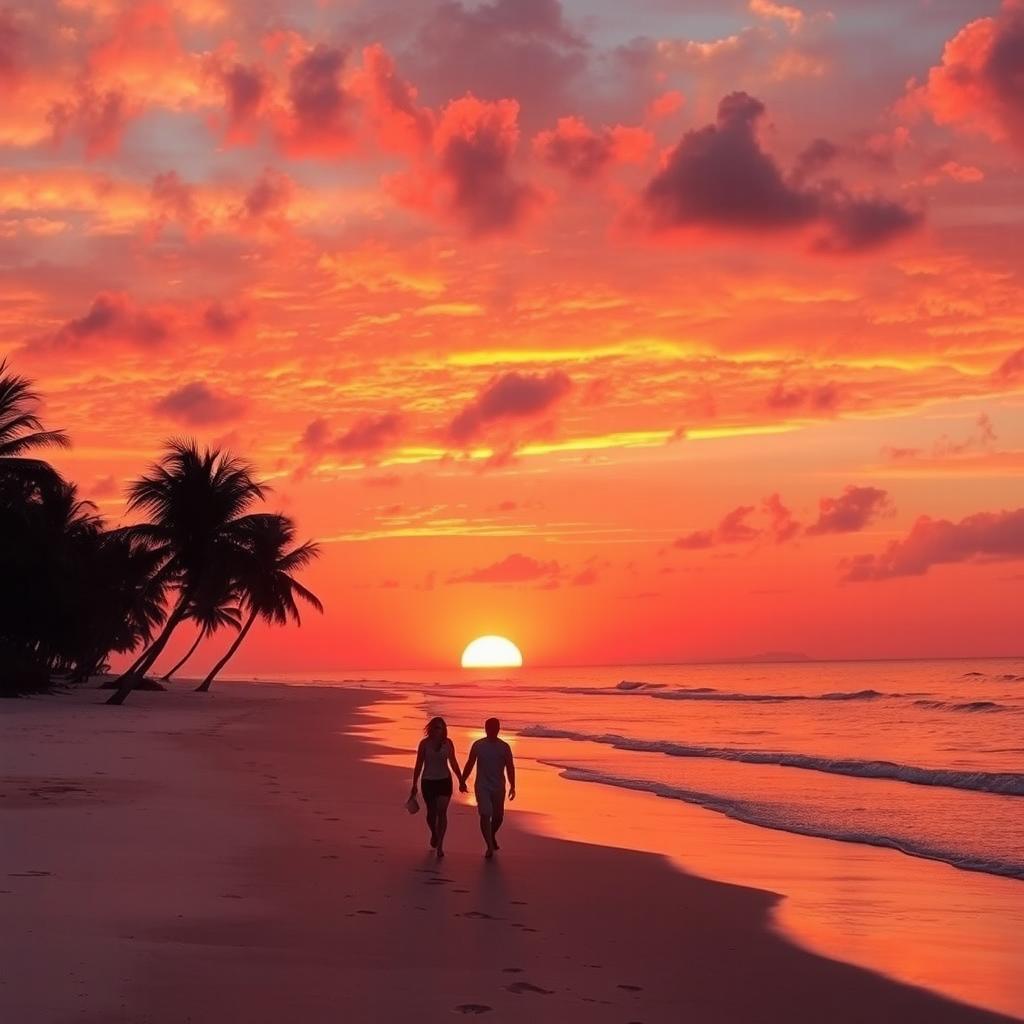 A stunning sunset over a calm beach, with vibrant orange and pink hues reflecting off the gentle waves