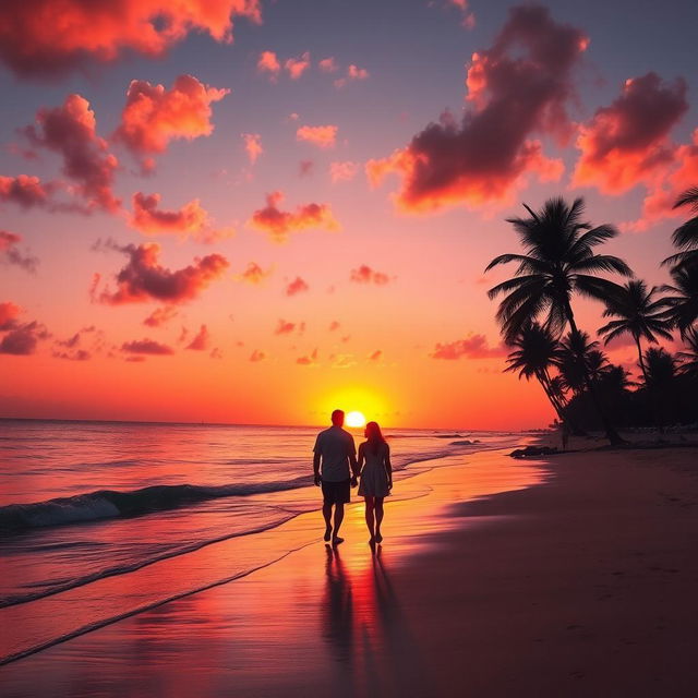 A stunning sunset over a calm beach, with vibrant orange and pink hues reflecting off the gentle waves