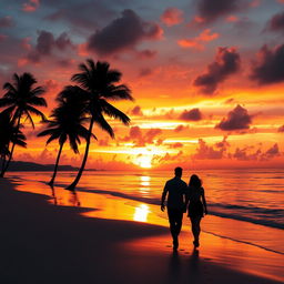 A stunning sunset over a calm beach, with vibrant orange and pink hues reflecting off the gentle waves