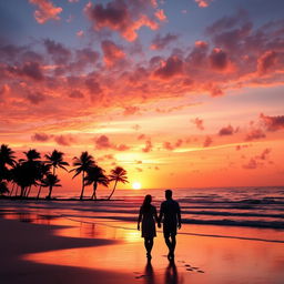 A stunning sunset over a calm beach, with vibrant orange and pink hues reflecting off the gentle waves