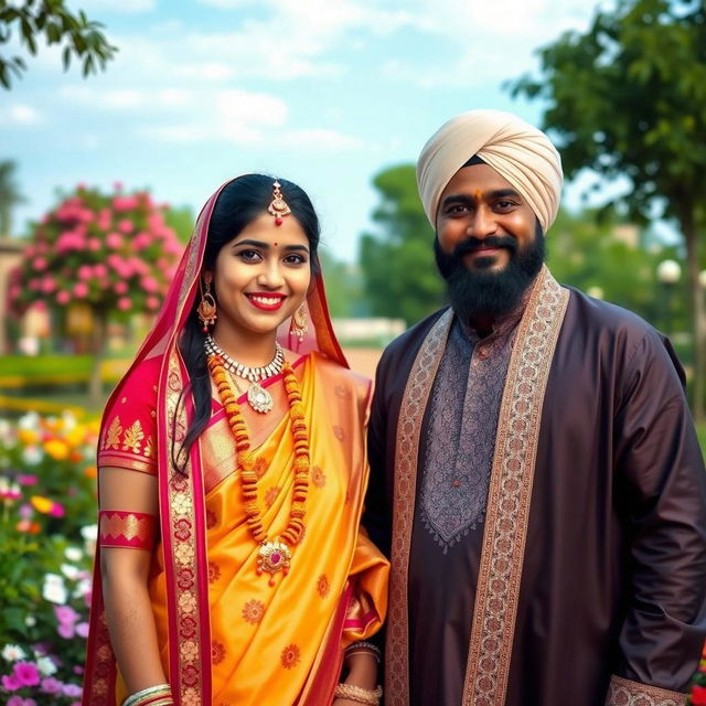 A couple in traditional Indian attire standing in a picturesque garden filled with vibrant flowers