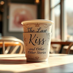 A beautifully designed coffee cup wrapped in an artistic poster that features the title 'The Last Kiss and Other Stories' prominently