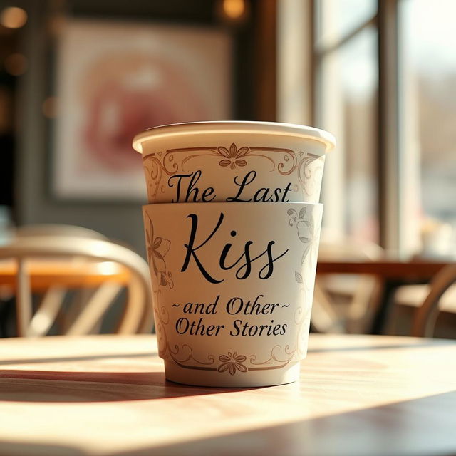 A beautifully designed coffee cup wrapped in an artistic poster that features the title 'The Last Kiss and Other Stories' prominently