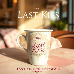 A beautifully designed coffee cup wrapped in an artistic poster that features the title 'The Last Kiss and Other Stories' prominently