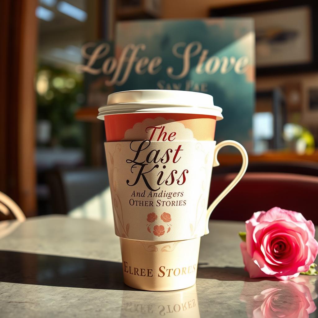 A beautifully designed coffee cup wrapped in an artistic poster that features the title 'The Last Kiss and Other Stories' prominently