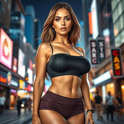 A stunning woman with large breasts, wearing a fashionable and form-fitting outfit that accentuates her curves