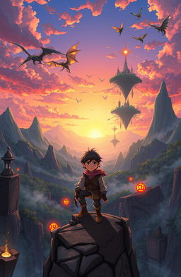A mesmerizing fantasy world with a vast landscape, featuring towering mountains, lush forests, and mystical floating islands in a vibrant sunset sky