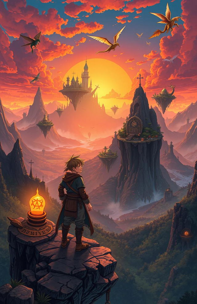 A mesmerizing fantasy world with a vast landscape, featuring towering mountains, lush forests, and mystical floating islands in a vibrant sunset sky