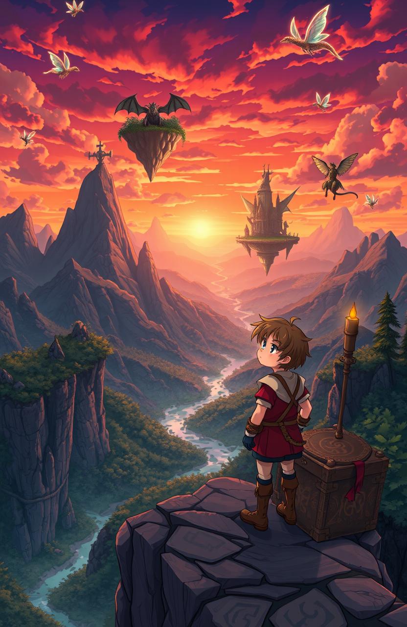 A mesmerizing fantasy world with a vast landscape, featuring towering mountains, lush forests, and mystical floating islands in a vibrant sunset sky