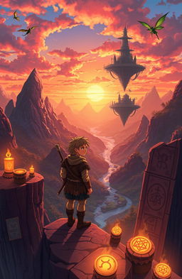 A mesmerizing fantasy world with a vast landscape, featuring towering mountains, lush forests, and mystical floating islands in a vibrant sunset sky