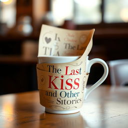 A coffee cup elegantly wrapped in a poster featuring the title 'The Last Kiss and Other Stories'