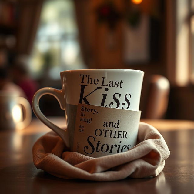 A coffee cup elegantly wrapped in a poster featuring the title 'The Last Kiss and Other Stories'