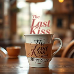 A coffee cup elegantly wrapped in a poster featuring the title 'The Last Kiss and Other Stories'