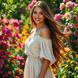 A beautifully detailed portrait of a stunning woman with flowing long hair, wearing an elegant dress that cascades gracefully around her