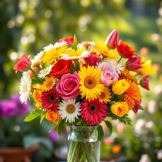 A vibrant and colorful bouquet of various flowers including roses, daisies, and tulips arranged elegantly in a glass vase