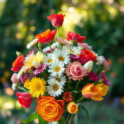 A vibrant and colorful bouquet of various flowers including roses, daisies, and tulips arranged elegantly in a glass vase