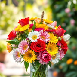 A vibrant and colorful bouquet of various flowers including roses, daisies, and tulips arranged elegantly in a glass vase