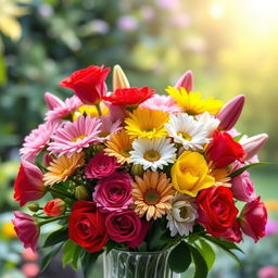 A vibrant and colorful bouquet of various flowers including roses, daisies, and tulips arranged elegantly in a glass vase