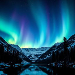 A stunning mountain landscape illuminated by the breathtaking Northern Lights, with vivid greens, blues, and purples dancing across the night sky
