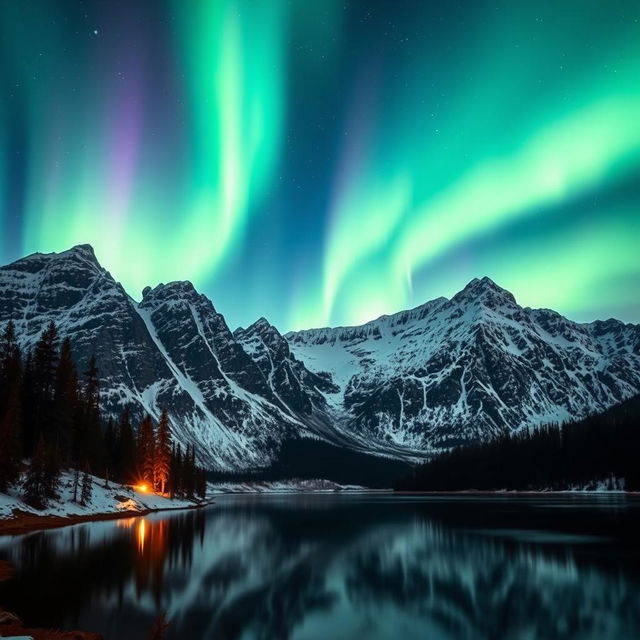 A stunning mountain landscape illuminated by the breathtaking Northern Lights, with vivid greens, blues, and purples dancing across the night sky