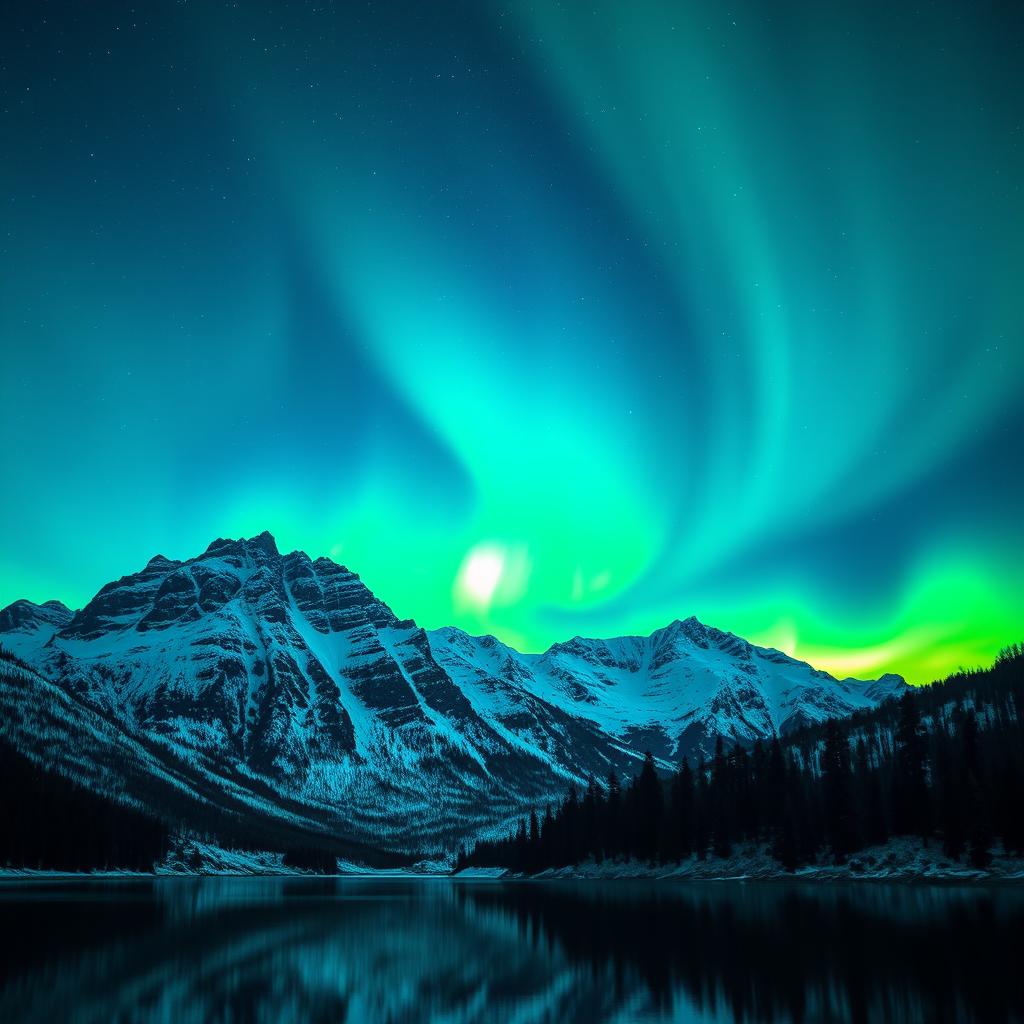 A stunning mountain landscape illuminated by the breathtaking Northern Lights, with vivid greens, blues, and purples dancing across the night sky