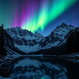 A stunning mountain landscape illuminated by the breathtaking Northern Lights, with vivid greens, blues, and purples dancing across the night sky