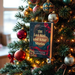 A beautifully decorated Christmas tree adorned with twinkling lights and colorful ornaments, prominently featuring a unique book titled 'The Last Kiss and Other Stories' hanging among the branches