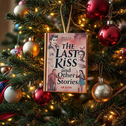 A beautifully decorated Christmas tree adorned with twinkling lights and colorful ornaments, prominently featuring a unique book titled 'The Last Kiss and Other Stories' hanging among the branches