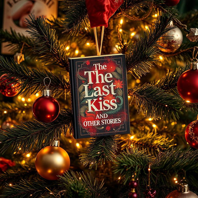 A beautifully decorated Christmas tree adorned with twinkling lights and colorful ornaments, prominently featuring a unique book titled 'The Last Kiss and Other Stories' hanging among the branches