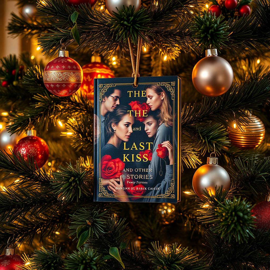 A beautifully decorated Christmas tree adorned with twinkling lights and colorful ornaments, prominently featuring a unique book titled 'The Last Kiss and Other Stories' hanging among the branches