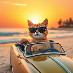 A cute orange cat wearing stylish black eyeglasses, joyfully driving a colorful vintage convertible car along a scenic beach at sunset